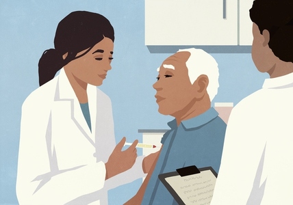 Female doctor with syringe giving senior male patient vaccination Female doctor with syringe giving senior male patient vaccination