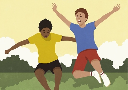 Carefree boys jumping with arms outstretched in summer park