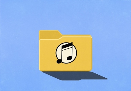 Music note on yellow digital file folder against blue background