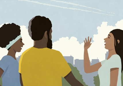 Young friends talking and gesturing in urban park Young friends talking and gesturing in urban park