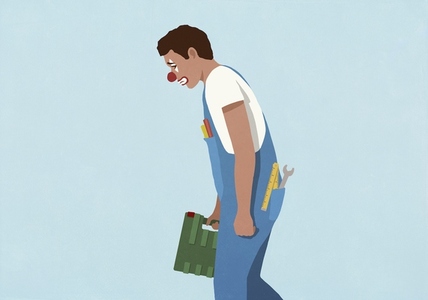 Sad repairman in overalls with clown face