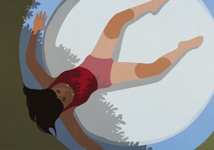 View from above young woman relaxing in partial shade in kiddie pool