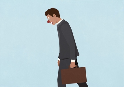 Sad businessman with clown face walking against blue background