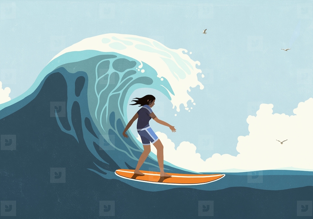 Young woman surfing below large ocean wave