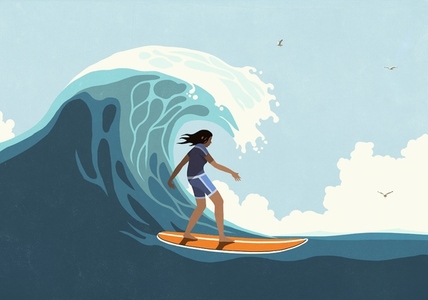 Young woman surfing below large ocean wave