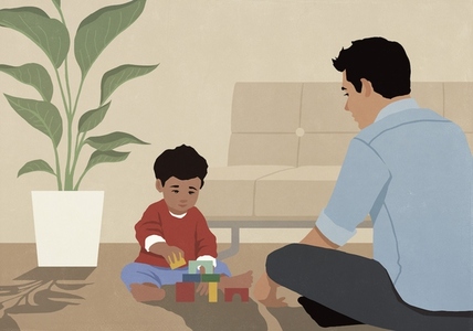 Father and toddler son playing with toys on living room