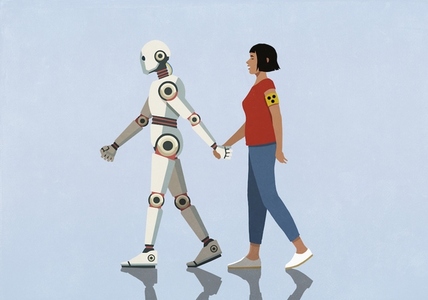 Humanoid robot holding hands with and leading blind woman Humanoid robot holding hands with and leading blind woman