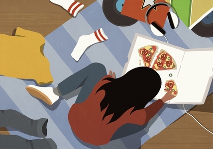 View from above teenage girl eating pizza from box