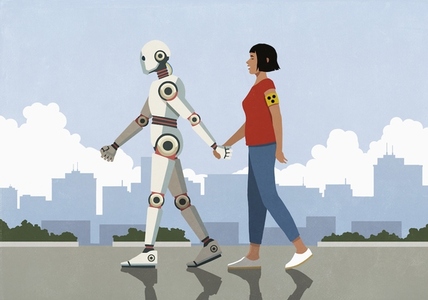 Humanoid robot holding hands with and guiding blind woman walking