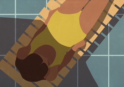 View from above shade covering part of young woman sunbathing