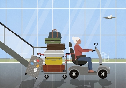 Active senior woman traveling driving motorized wheelchair pulling suitcases Active senior woman traveling driving motorized wheelchair pulling suitcases