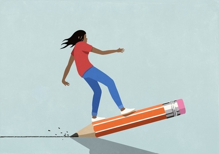 Teenage girl balancing on top of large pencil drawing line