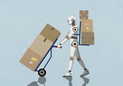 Humanoid robot pushing and carrying cardboard delivery boxes