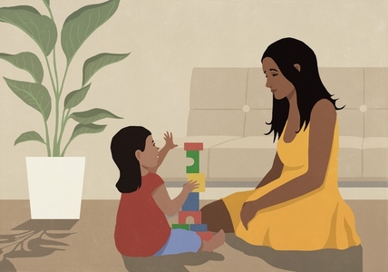 Mother and daughter playing with toys