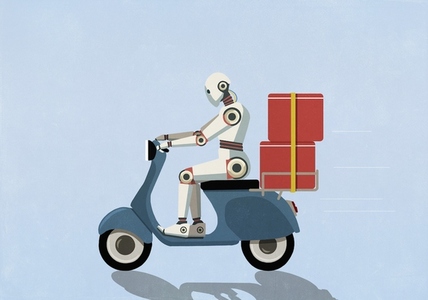 Humanoid robot driving scooter delivering food Humanoid robot driving scooter delivering food