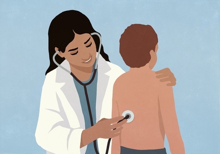 Female pediatrician with stethoscope examining back of boy patient Female pediatrician with stethoscope examining back of boy patient