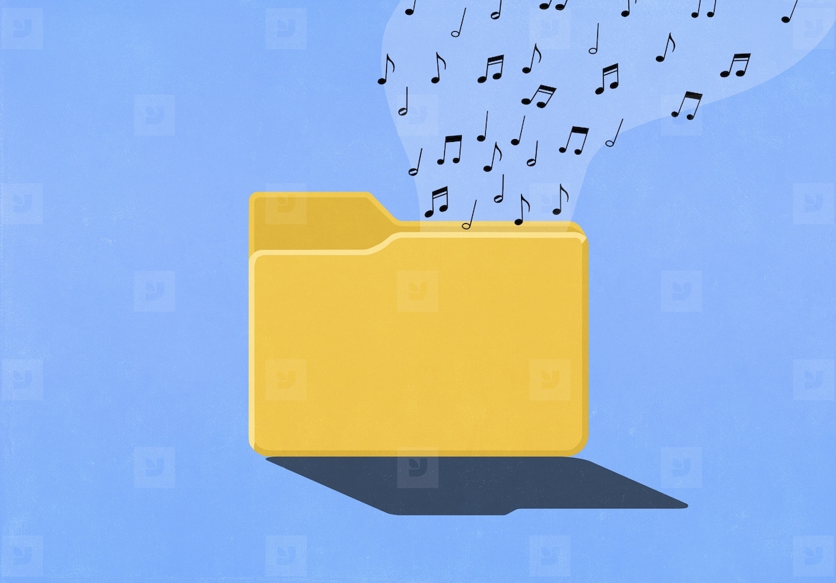 Music notes floating from digital yellow file folder