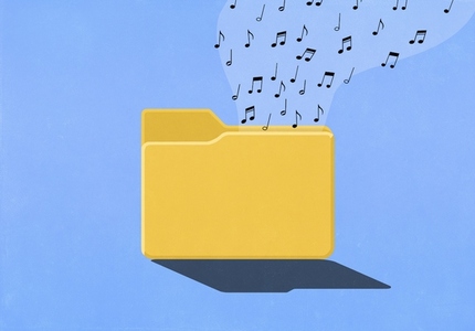 Music notes floating from digital yellow file folder