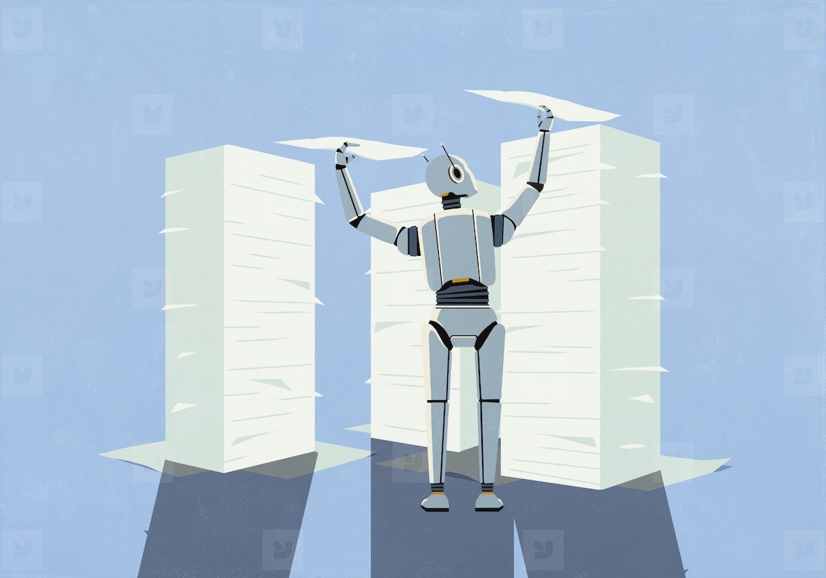 Humanoid robot placing paper documents on tall stacks