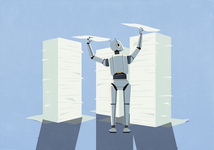 Humanoid robot placing paper documents on tall stacks