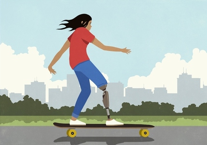 Girl with prosthetic leg skateboarding on sidewalk