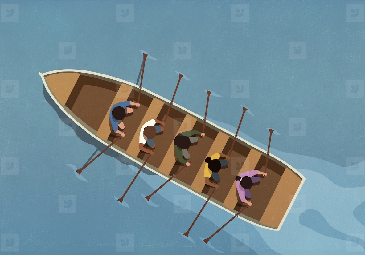 View from above men and women rowing boat backwards on water