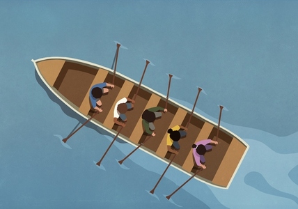 View from above men and women rowing boat backwards on water