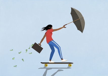 Woman with money briefcase and umbrella riding skateboard
