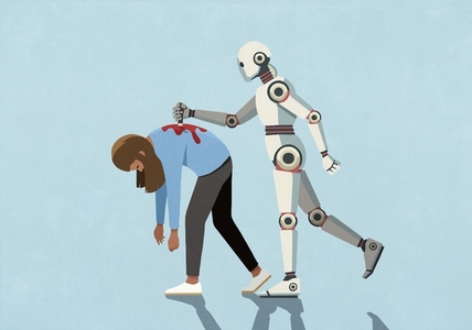 Humanoid robot stabbing woman in the back with knife Humanoid robot stabbing woman in the back with knife