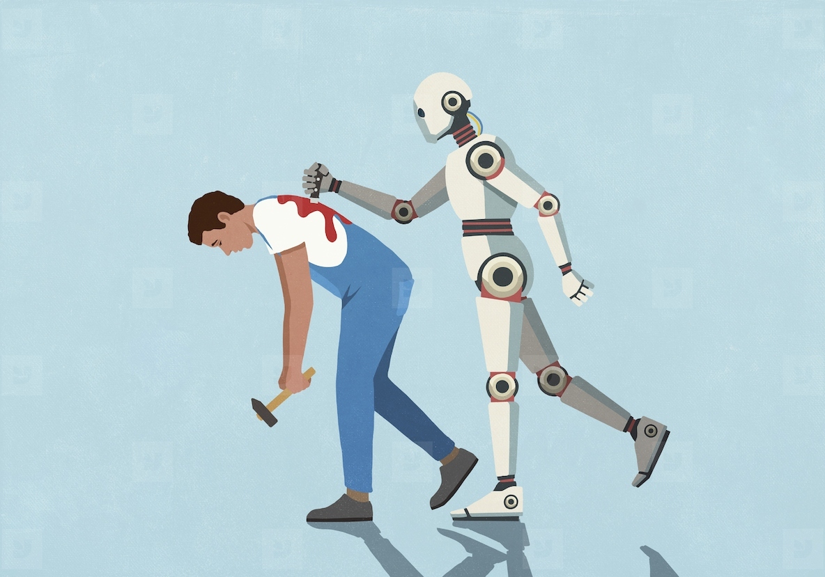 Humanoid robot stabbing repairman with hammer