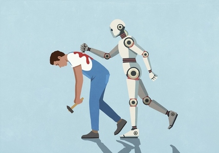 Humanoid robot stabbing repairman with hammer Humanoid robot stabbing repairman with hammer