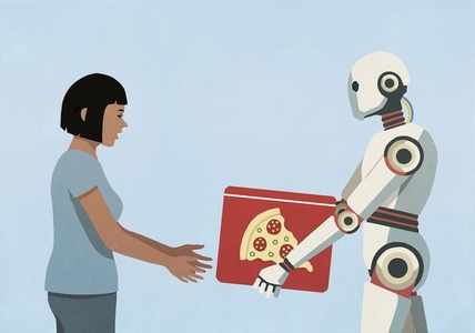 Humanoid robot delivering pizza to woman