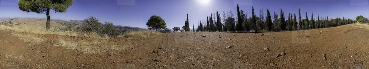 A Beautiful Scenic Panoramic View of a Dry Landscape Featuring Trees Against a Blue Sky