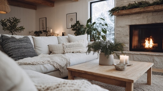 Cozy winter living room with fireplace  soft sofa  and warm decor creates welcoming atmosphere  Perfect for relaxation