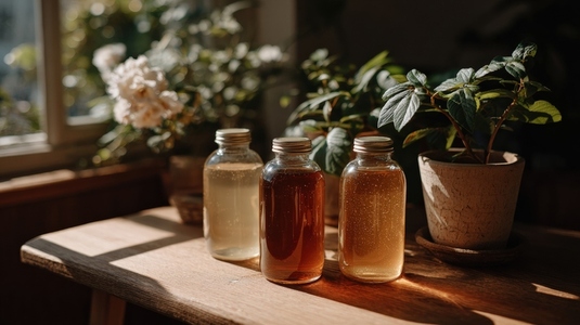 Bottles of cold brew tea in minimal packaging displayed on wooden table surrounded by plants creating serene atmosphere Bottles of cold brew tea in minimal packaging displayed on wooden table surrounded by plants creating serene atmosphere