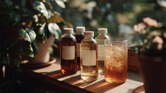 Bottles of cold brew tea minimal packaging displayed wooden surface  with glass of iced tea  creating refreshing atmosphere