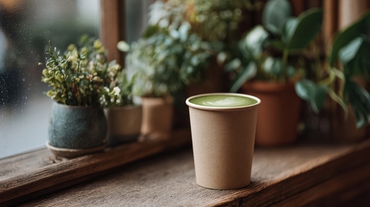 Cozy coffee shop scene featuring matcha latte reusable cup  surrounded by lush greenery and plants  warm atmosphere invites