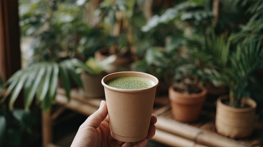 Hand holds reusable cup filled with matcha latte surrounded by lush green plants cozy coffee shop atmosphere feels warm Hand holds reusable cup filled with matcha latte surrounded by lush green plants cozy coffee shop atmosphere feels warm