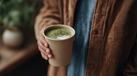 Person holding reusable cup filled with matcha latte  showcasing cozy coffee shop atmosphere  warm tones and natural elements