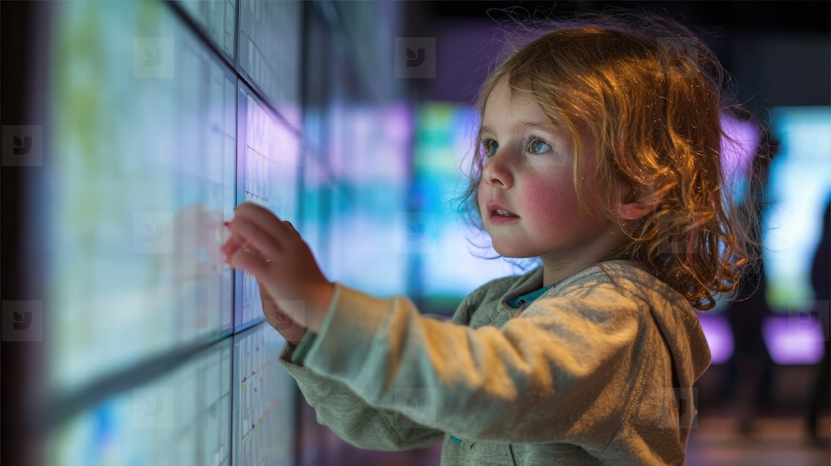 Child exploring interactive exhibit at science museum  engaged and curious about learning  moment of discovery and wonder