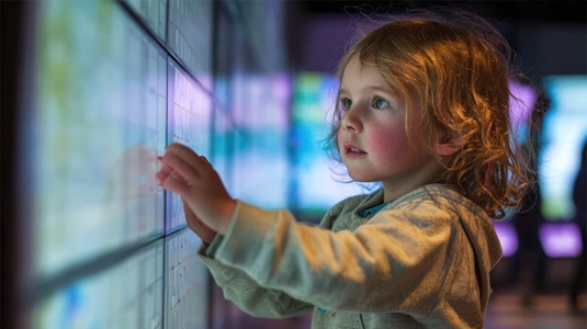 Child exploring interactive exhibit at science museum  engaged and curious about learning  moment of discovery and wonder