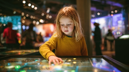 Child exploring interactive science museum exhibit  engaged and curious  surrounded by colorful displays and other visitors