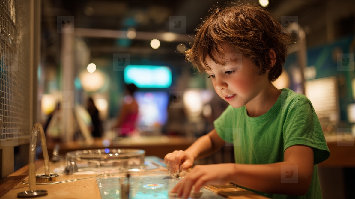Exploring science museum child engaged in interactive exhibit curiosity and joy evident in expression