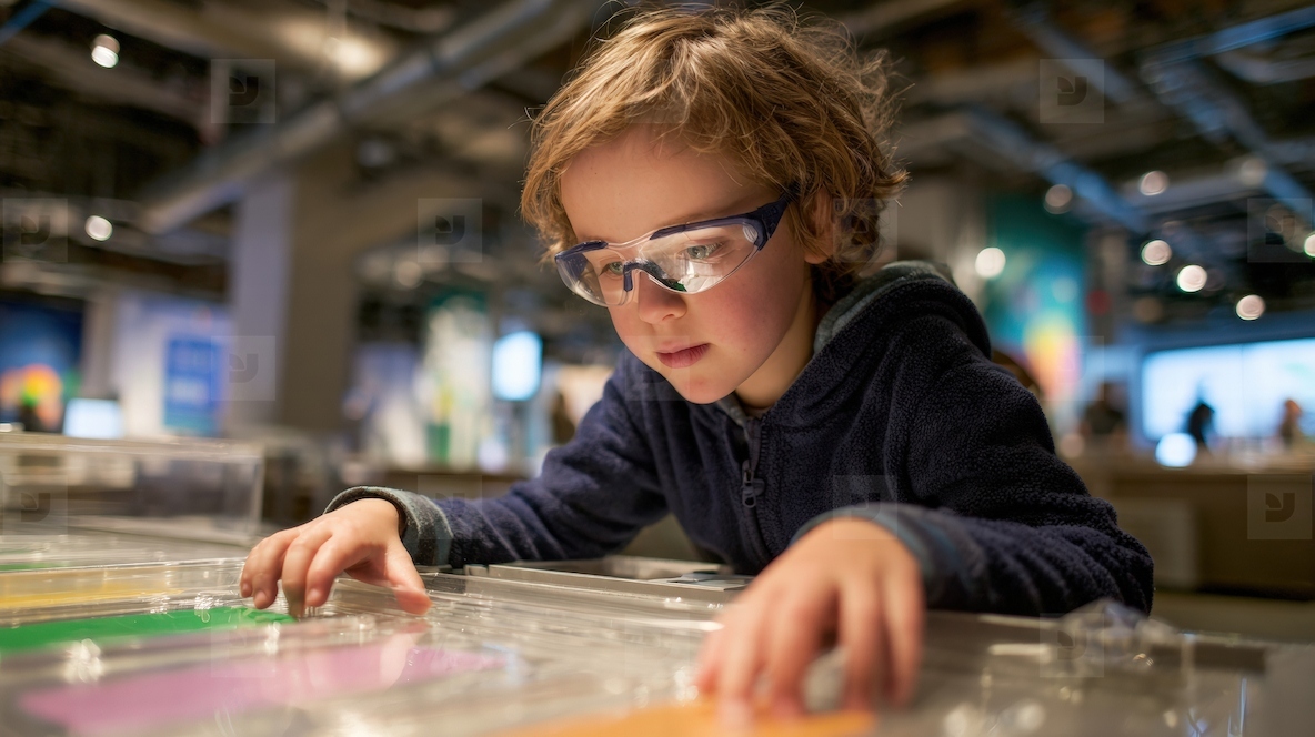 Child wearing safety goggles engages with interactive exhibits science museum exploring and learning through hands activities