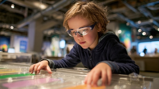 Child wearing safety goggles engages with interactive exhibits science museum  exploring and learning through hands activities
