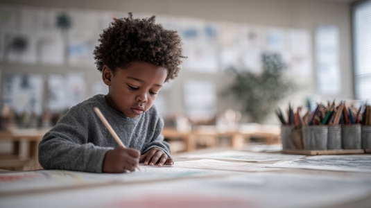 Child engaged in drawing colorful art to express feelings in creative environment filled with art supplies