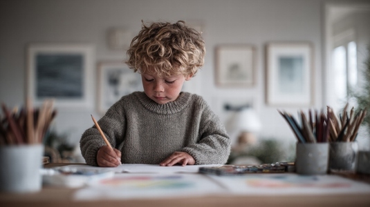 Child with curly hair creates colorful art  expressing emotions through drawing in cozy indoor setting