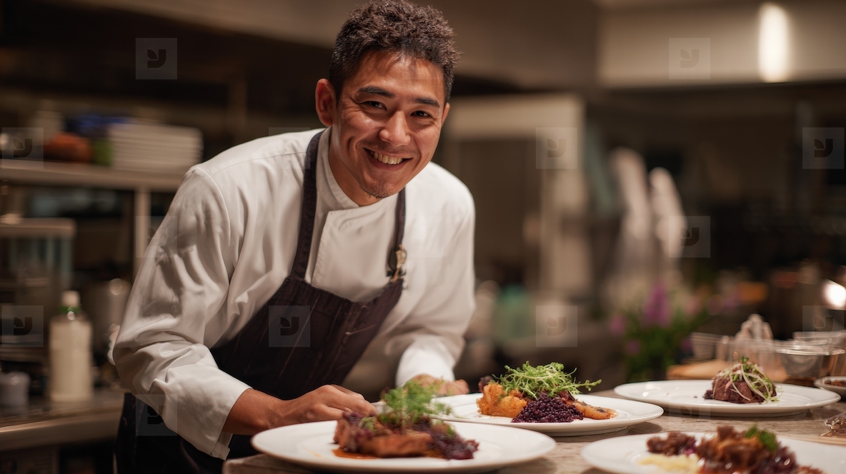 Chef presenting exquisite fusion cuisine with joyful expression in professional kitchen setting showcasing culinary artistry