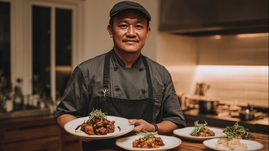 Chef presenting gourmet dishes in modern kitchen  showcasing culinary skills and creativity