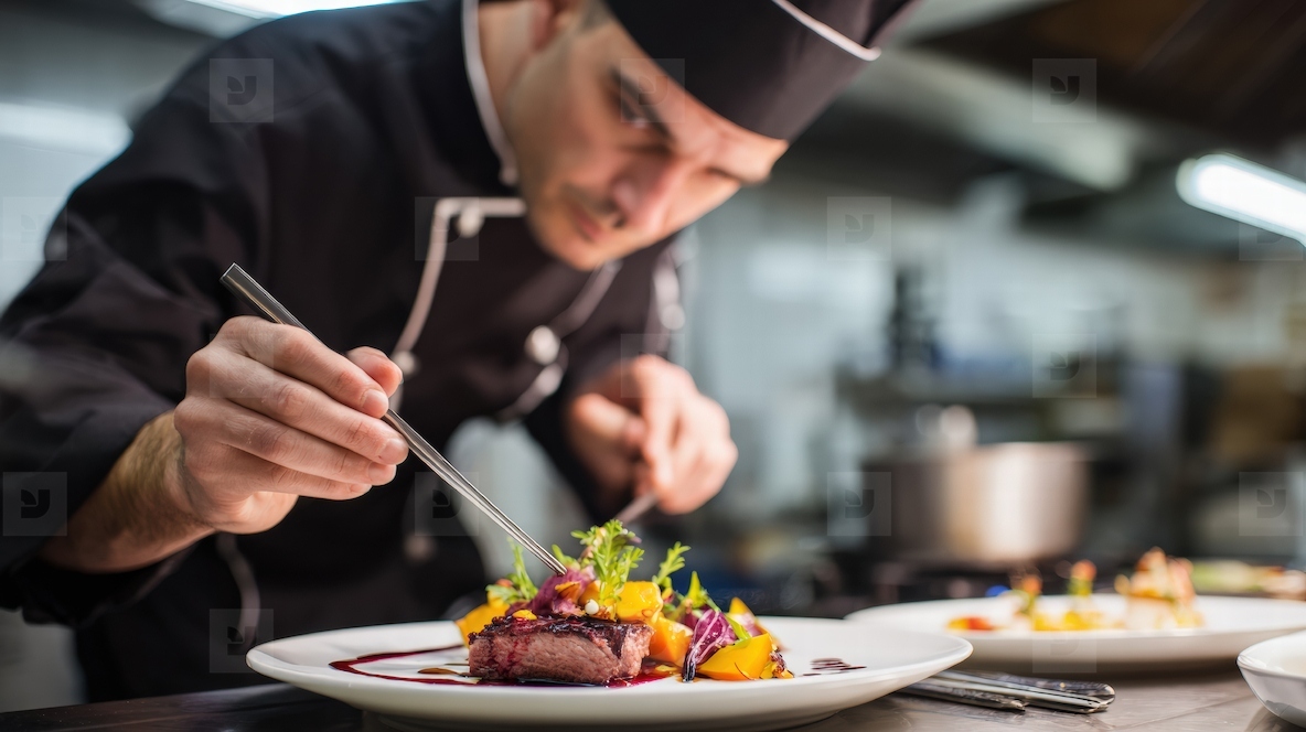 Chef preparing gourmet dish in professional kitchen focusing on plating with precision and creativity